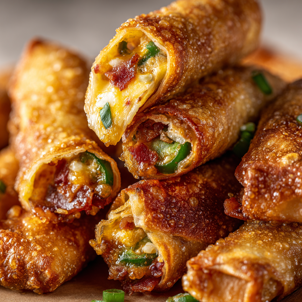 Ultra-realistic mini jalapeño popper egg rolls with golden crispy wrappers and visible cheese, jalapeño, and bacon filling on a seamless neutral background under studio lighting
