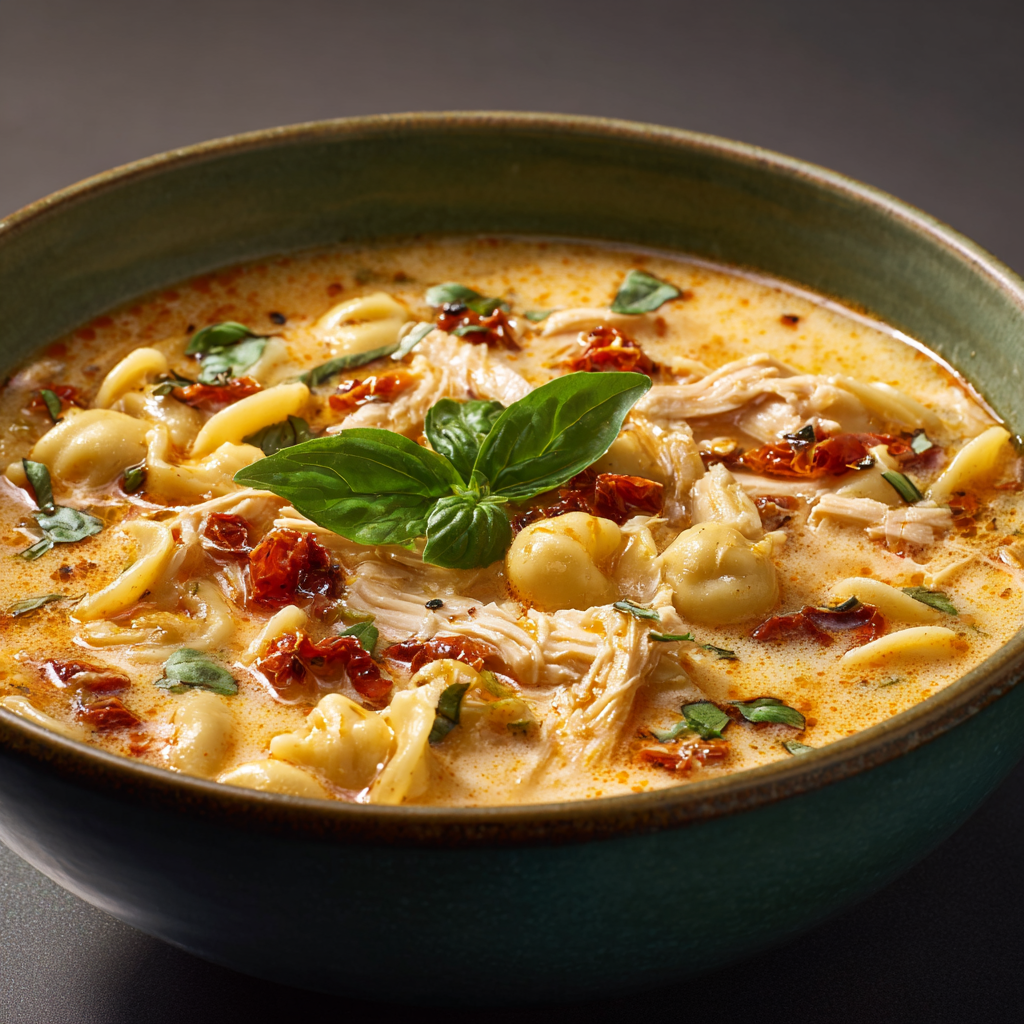 Ultra-realistic creamy chicken soup with shredded chicken, sun-dried tomatoes, small pasta, parmesan cheese, and basil leaves in a ceramic bowl on a neutral background