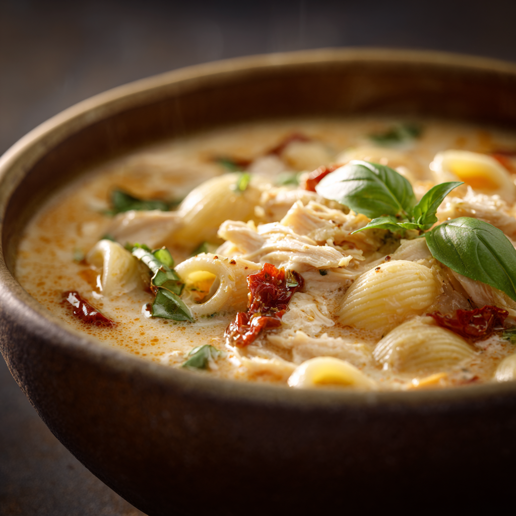 Ultra-realistic creamy chicken soup with shredded chicken, sun-dried tomatoes, small pasta, parmesan cheese, and basil leaves in a ceramic bowl on a neutral background