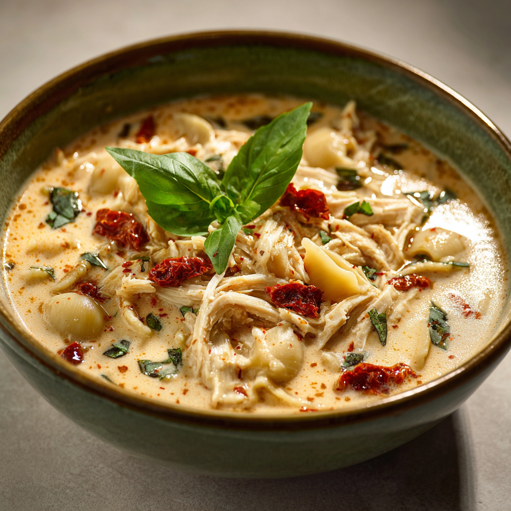 Ultra-realistic creamy chicken soup with shredded chicken, sun-dried tomatoes, small pasta, parmesan cheese, and basil leaves in a ceramic bowl on a neutral background