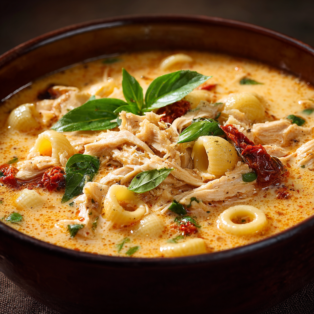 Ultra-realistic creamy chicken soup with shredded chicken, sun-dried tomatoes, small pasta, parmesan cheese, and basil leaves in a ceramic bowl on a neutral background