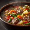 Ultra-realistic vegetable beef soup with chunks of beef, carrots, potatoes, green beans, celery, corn, and tomatoes in a ceramic bowl on a neutral background