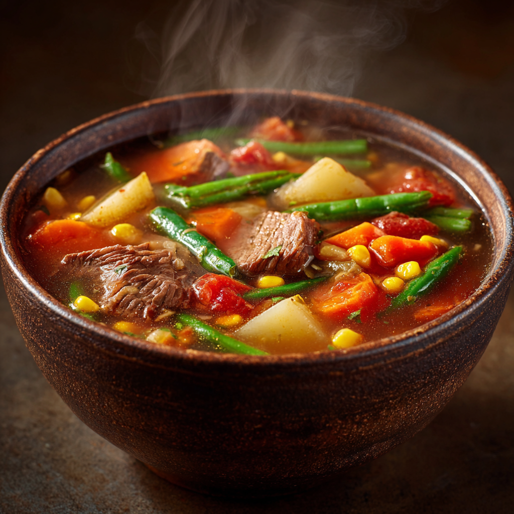 Ultra-realistic vegetable beef soup with chunks of beef, carrots, potatoes, green beans, celery, corn, and tomatoes in a ceramic bowl on a neutral background