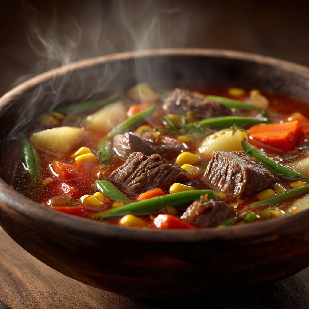 Ultra-realistic vegetable beef soup with chunks of beef, carrots, potatoes, green beans, celery, corn, and tomatoes in a ceramic bowl on a neutral background
