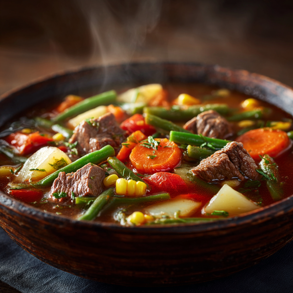 Ultra-realistic vegetable beef soup with chunks of beef, carrots, potatoes, green beans, celery, corn, and tomatoes in a ceramic bowl on a neutral background