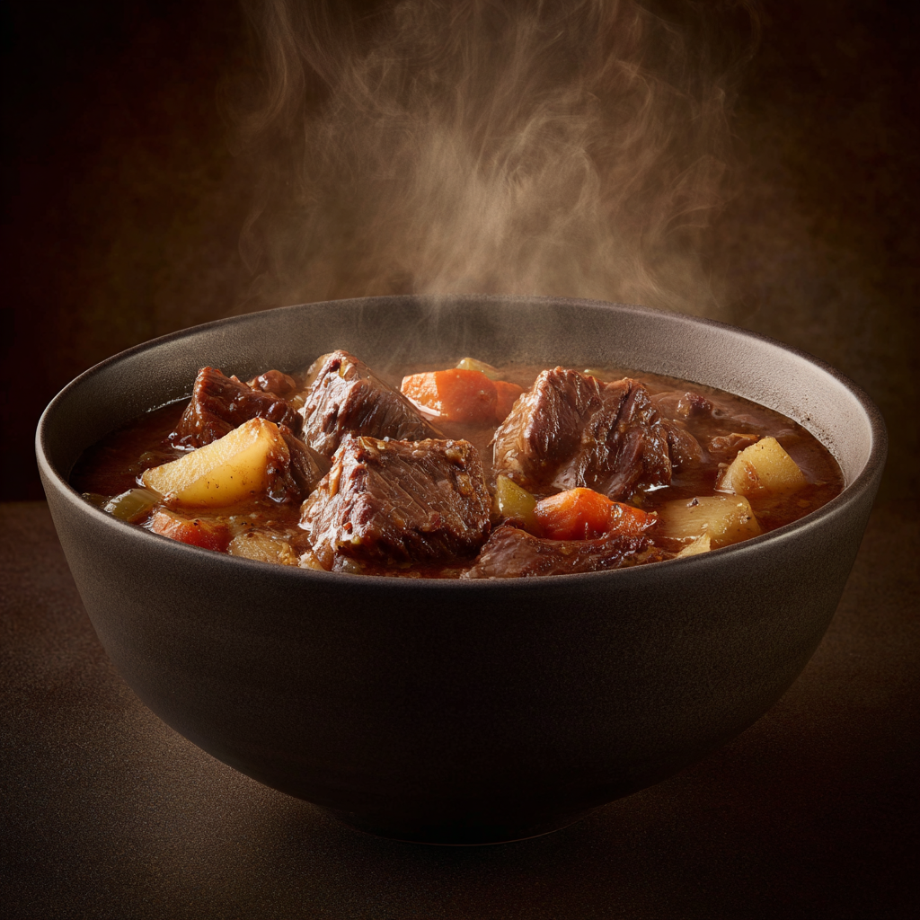 Ultra-realistic old fashioned beef stew with beef chunks, carrots, potatoes, celery, and onions in thick brown gravy, served in a ceramic bowl, studio lighting, neutral background