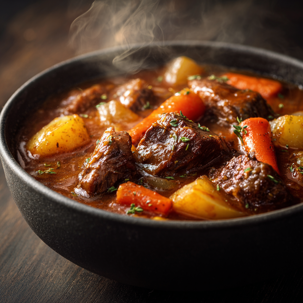 Ultra-realistic old fashioned beef stew with beef chunks, carrots, potatoes, celery, and onions in thick brown gravy, served in a ceramic bowl, studio lighting, neutral background