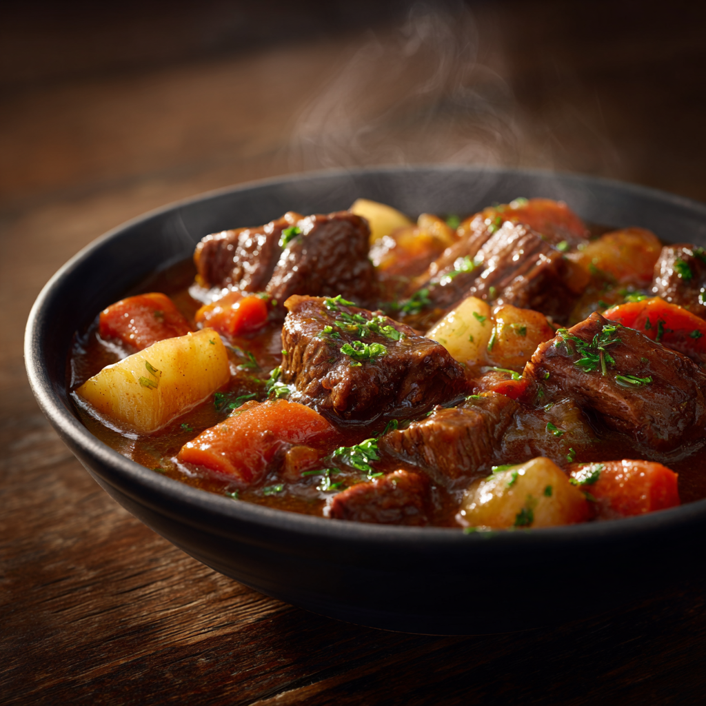 Ultra-realistic old fashioned beef stew with beef chunks, carrots, potatoes, celery, and onions in thick brown gravy, served in a ceramic bowl, studio lighting, neutral background