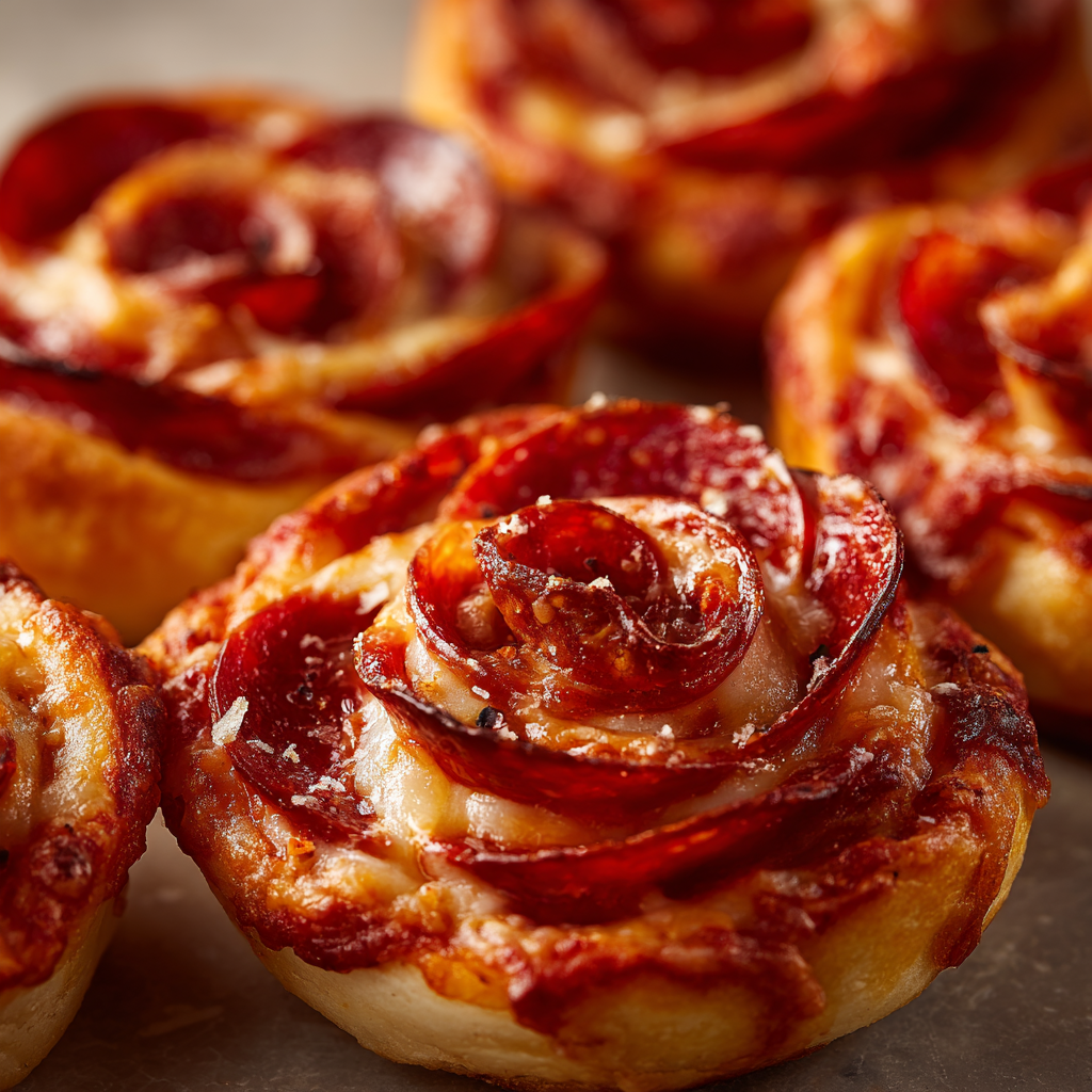 Ultra-realistic pepperoni pizza roses with layered dough spirals, melted mozzarella cheese, visible marinara sauce, and crisped pepperoni slices forming rose shapes on a neutral background