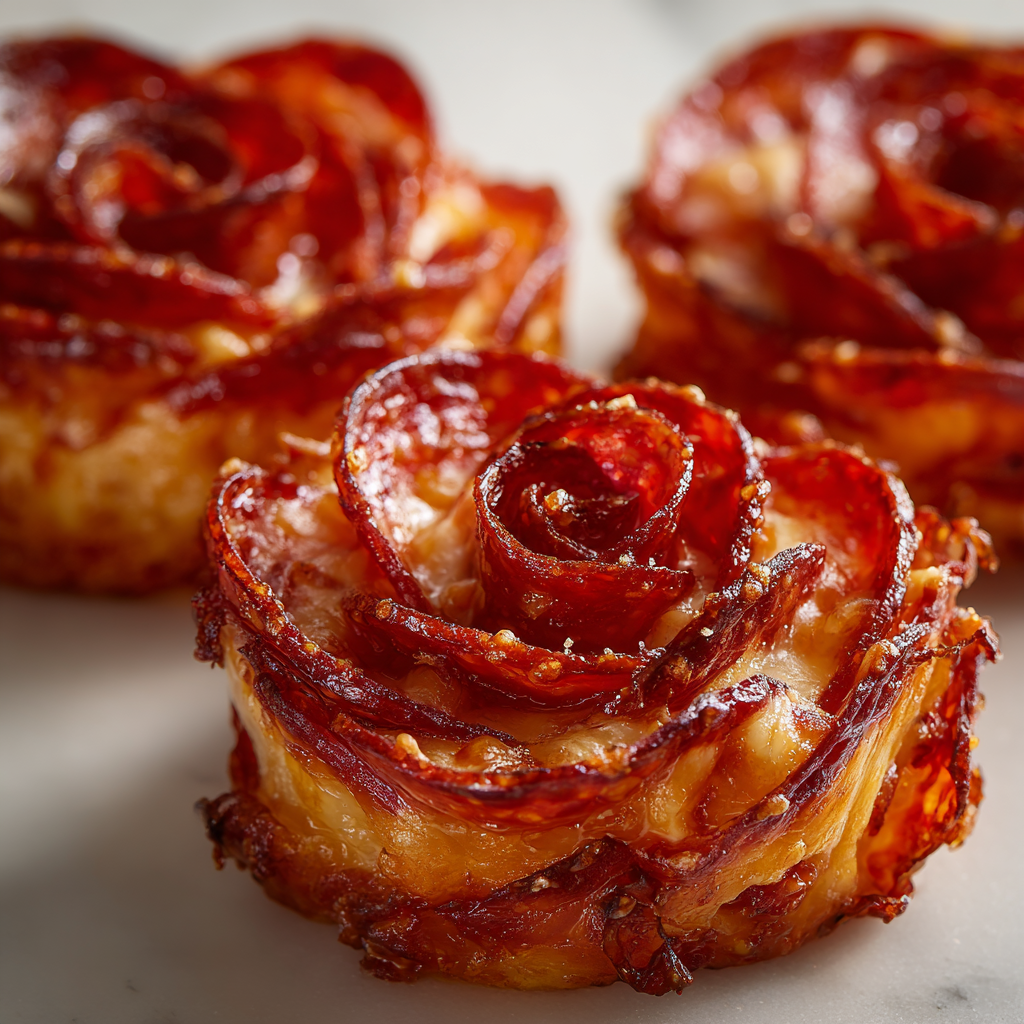 Ultra-realistic pepperoni pizza roses with layered dough spirals, melted mozzarella cheese, visible marinara sauce, and crisped pepperoni slices forming rose shapes on a neutral background