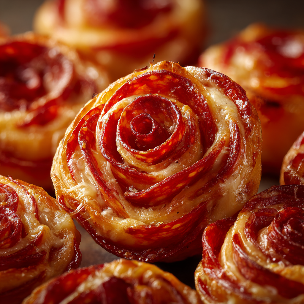 Ultra-realistic pepperoni pizza roses with layered dough spirals, melted mozzarella cheese, visible marinara sauce, and crisped pepperoni slices forming rose shapes on a neutral background