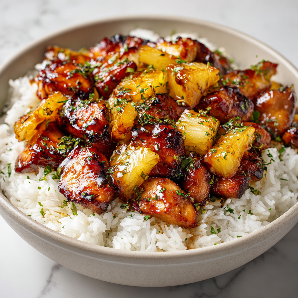 Ultra-realistic pineapple chicken with glazed chicken pieces and pineapple chunks served over white rice in a ceramic bowl, light marble background, studio lighting