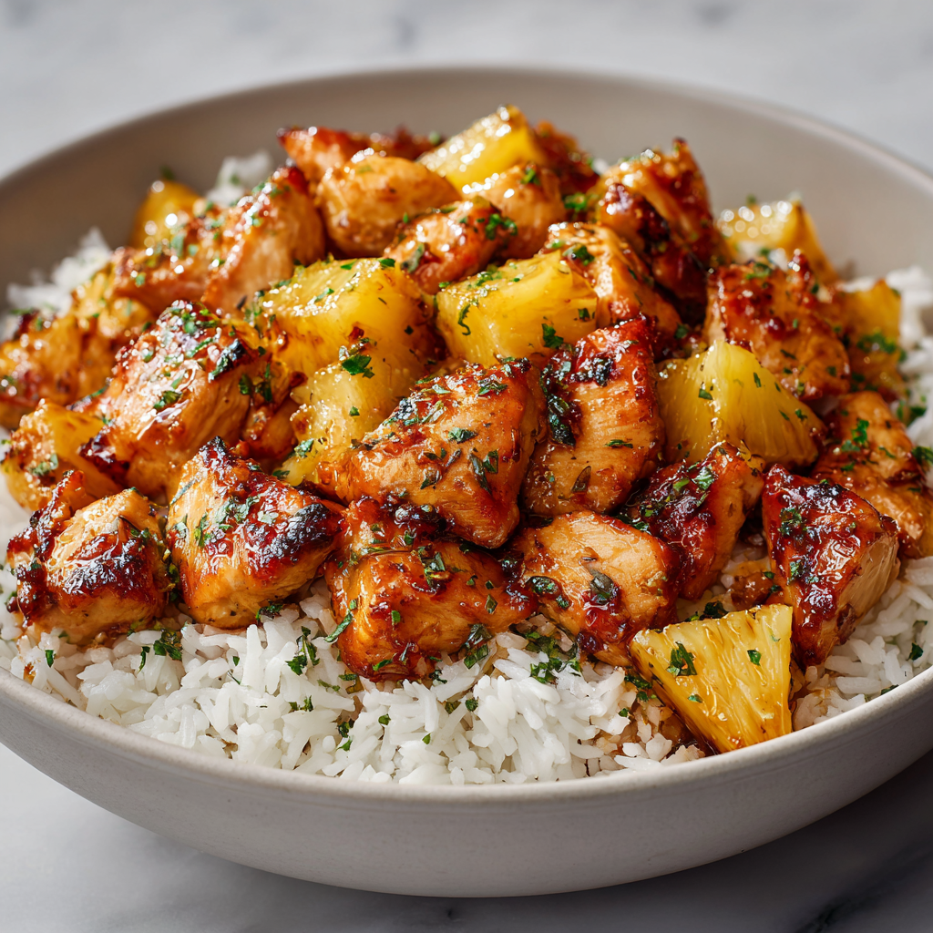 Ultra-realistic pineapple chicken with glazed chicken pieces and pineapple chunks served over white rice in a ceramic bowl, light marble background, studio lighting