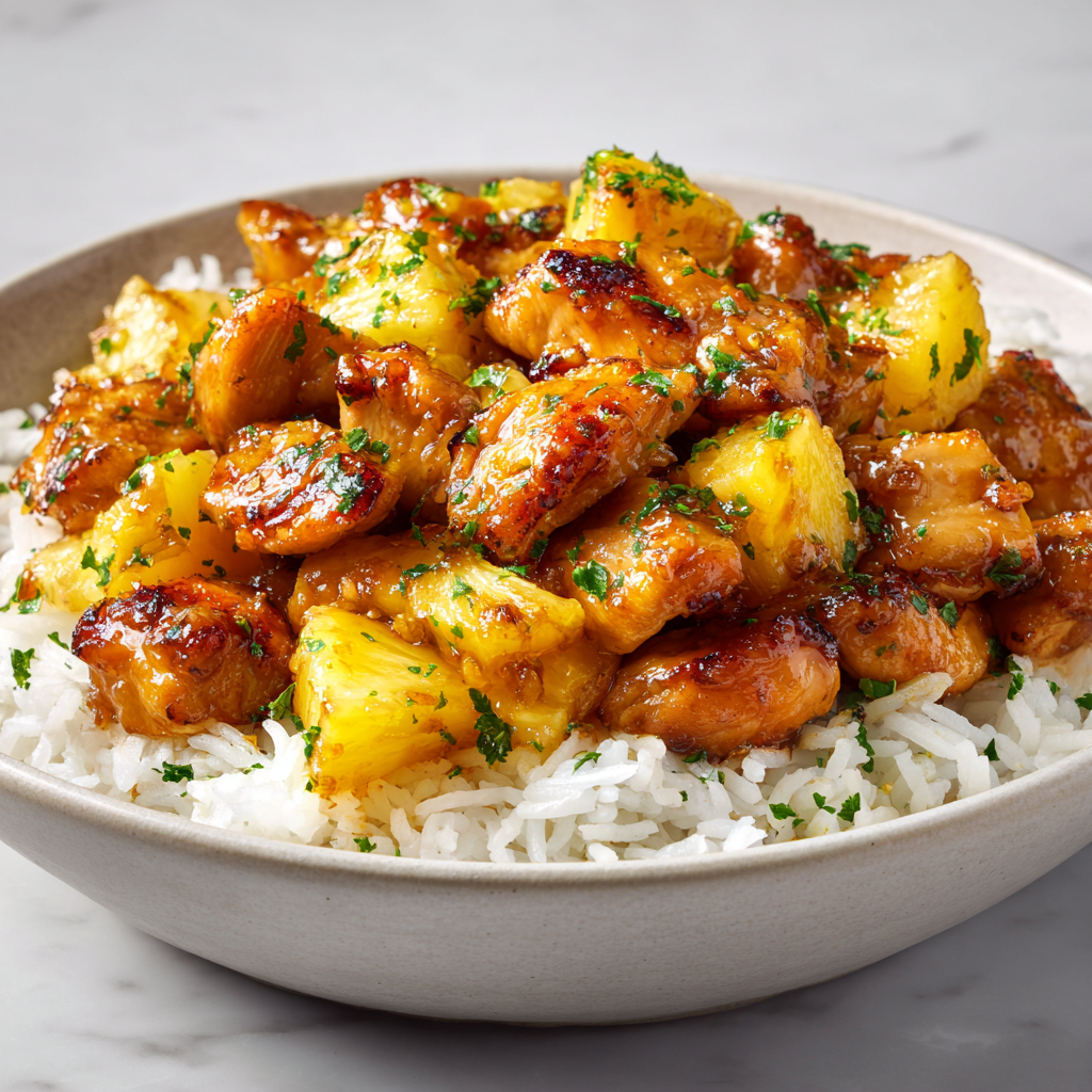 Ultra-realistic pineapple chicken with glazed chicken pieces and pineapple chunks served over white rice in a ceramic bowl, light marble background, studio lighting