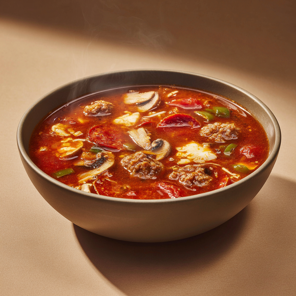 Ultra-realistic pizza soup with tomato broth, Italian sausage, melted mozzarella, pepperoni, bell peppers, onions, and mushrooms in a ceramic bowl, studio lighting, neutral background