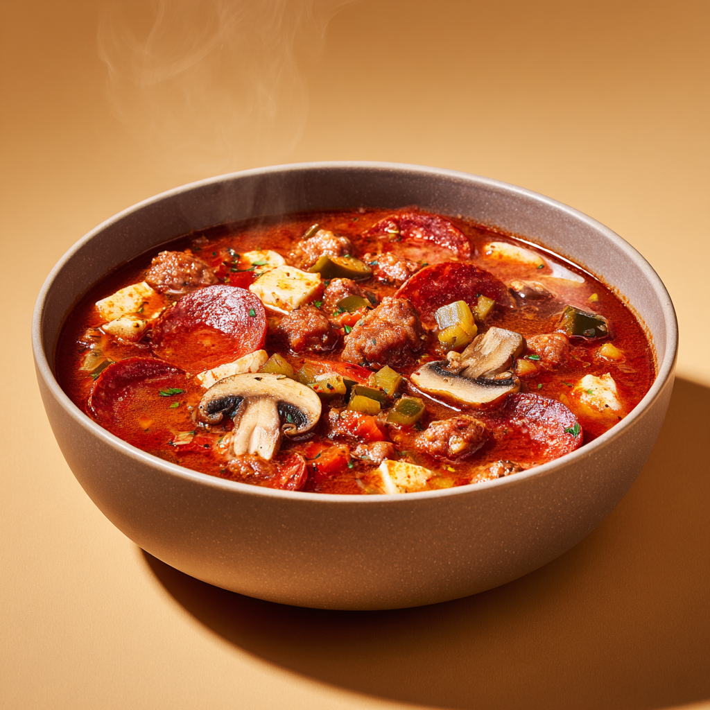 Ultra-realistic pizza soup with tomato broth, Italian sausage, melted mozzarella, pepperoni, bell peppers, onions, and mushrooms in a ceramic bowl, studio lighting, neutral background