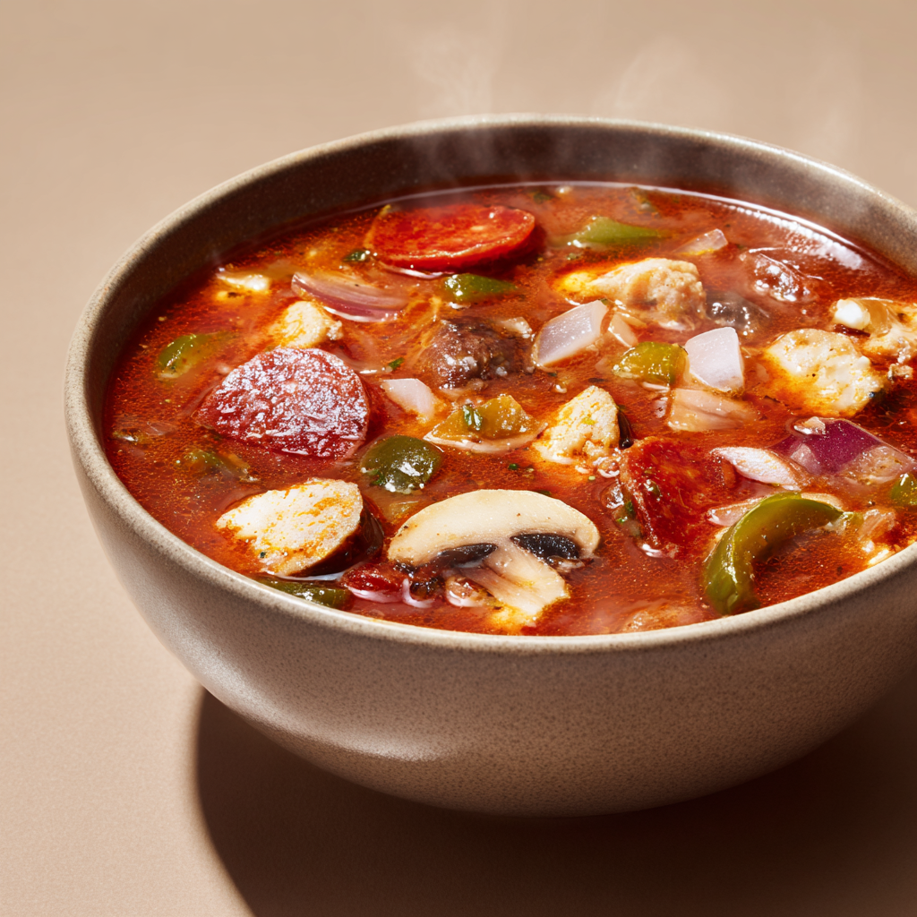 Ultra-realistic pizza soup with tomato broth, Italian sausage, melted mozzarella, pepperoni, bell peppers, onions, and mushrooms in a ceramic bowl, studio lighting, neutral background
