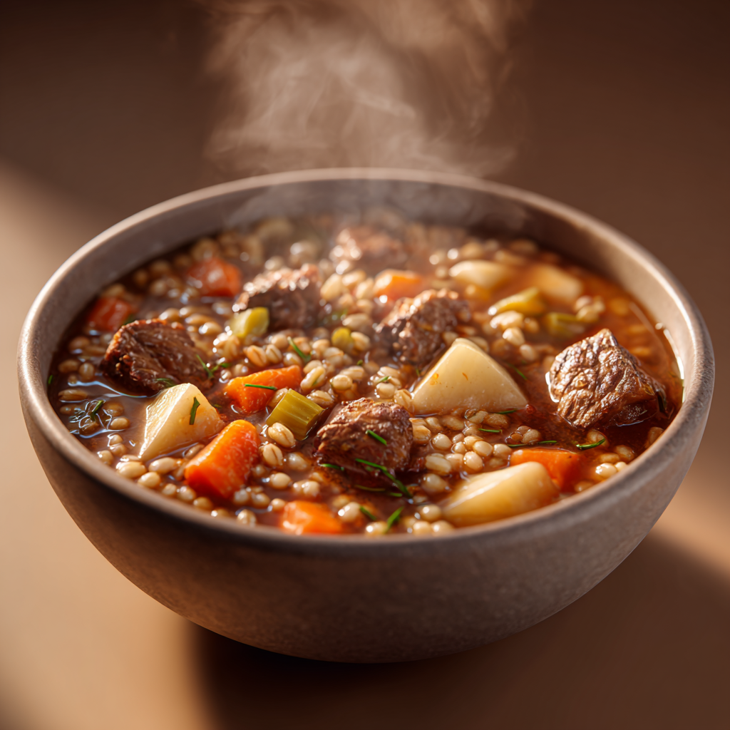 Ultra-realistic beef barley stew with beef chunks, barley, carrots, celery, and potatoes in a thick broth, served in a ceramic bowl, studio lighting, neutral background
