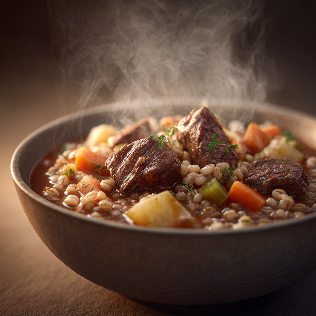 Ultra-realistic beef barley stew with beef chunks, barley, carrots, celery, and potatoes in a thick broth, served in a ceramic bowl, studio lighting, neutral background