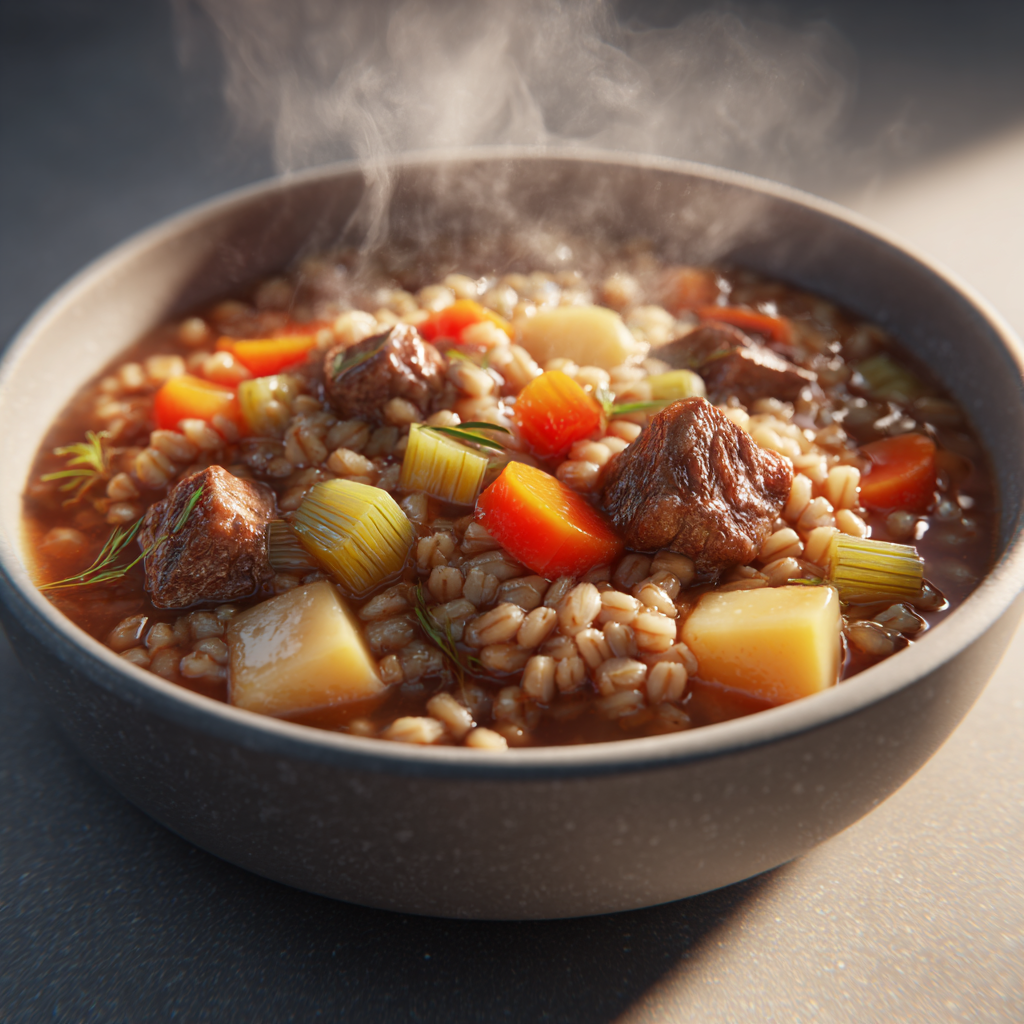 Ultra-realistic beef barley stew with beef chunks, barley, carrots, celery, and potatoes in a thick broth, served in a ceramic bowl, studio lighting, neutral background