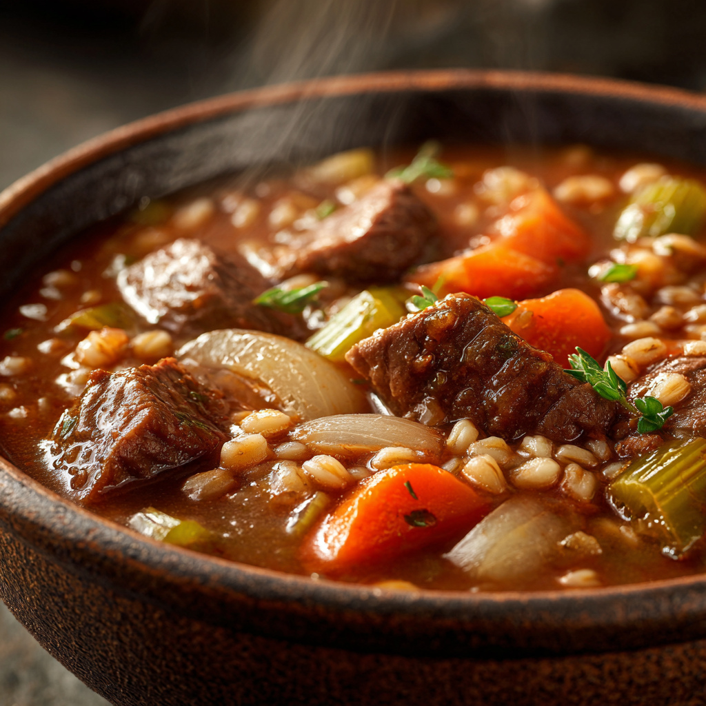 Ultra-realistic beef barley stew with chunks of beef, barley, carrots, celery, and onions in thick brown broth, served in a ceramic bowl, studio lighting, neutral background