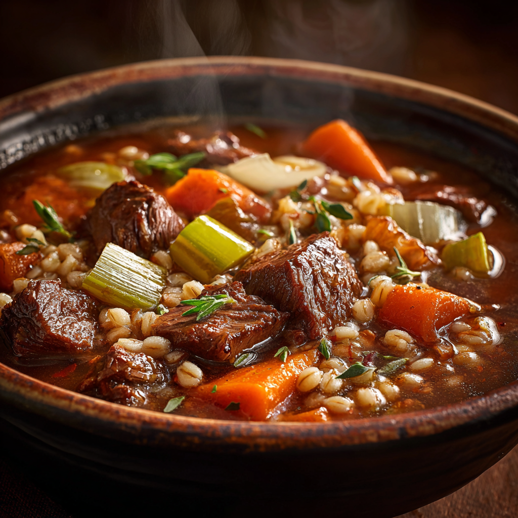 Ultra-realistic beef barley stew with chunks of beef, barley, carrots, celery, and onions in thick brown broth, served in a ceramic bowl, studio lighting, neutral background