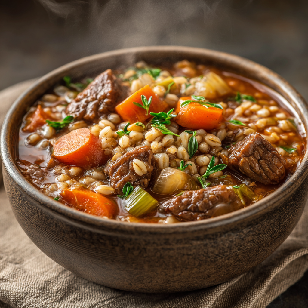 Ultra-realistic beef barley stew with chunks of beef, barley, carrots, celery, and onions in thick brown broth, served in a ceramic bowl, studio lighting, neutral background