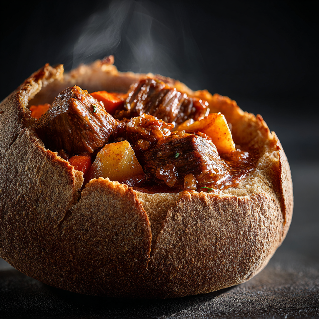 Ultra-realistic spicy beef stew with dark glossy broth, beef chunks, carrots, potatoes, and onions served inside a crusty bread bowl, steam rising, studio lighting, dark background