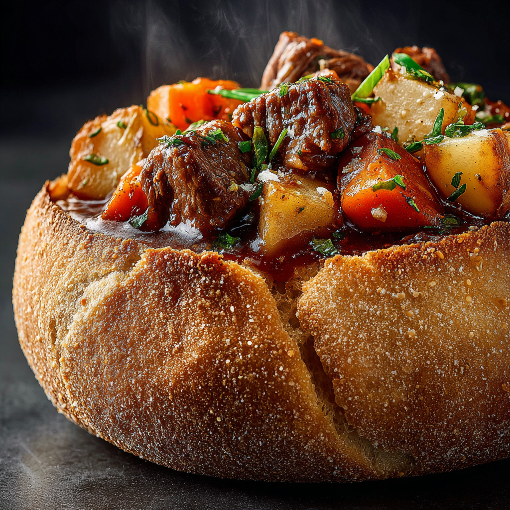 Ultra-realistic spicy beef stew with dark glossy broth, beef chunks, carrots, potatoes, and onions served inside a crusty bread bowl, steam rising, studio lighting, dark background