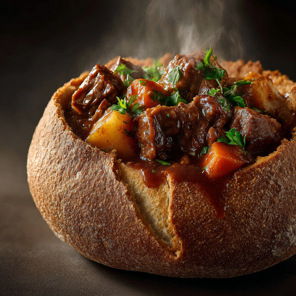 Ultra-realistic spicy beef stew with dark glossy broth, beef chunks, carrots, potatoes, and onions served inside a crusty bread bowl, steam rising, studio lighting, dark background