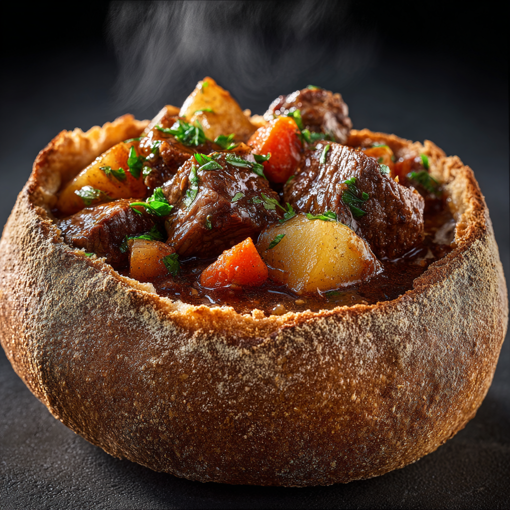 Ultra-realistic spicy beef stew with dark glossy broth, beef chunks, carrots, potatoes, and onions served inside a crusty bread bowl, steam rising, studio lighting, dark background