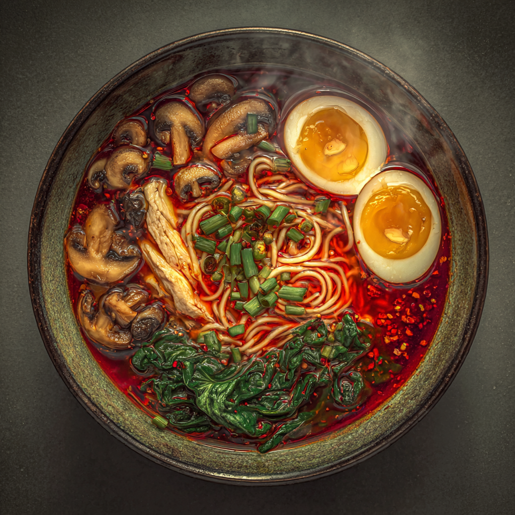 Ultra-realistic spicy ramen soup with chili broth, ramen noodles, sliced chicken, soft-boiled eggs, mushrooms, spinach, and green onions in a ceramic bowl on a neutral background