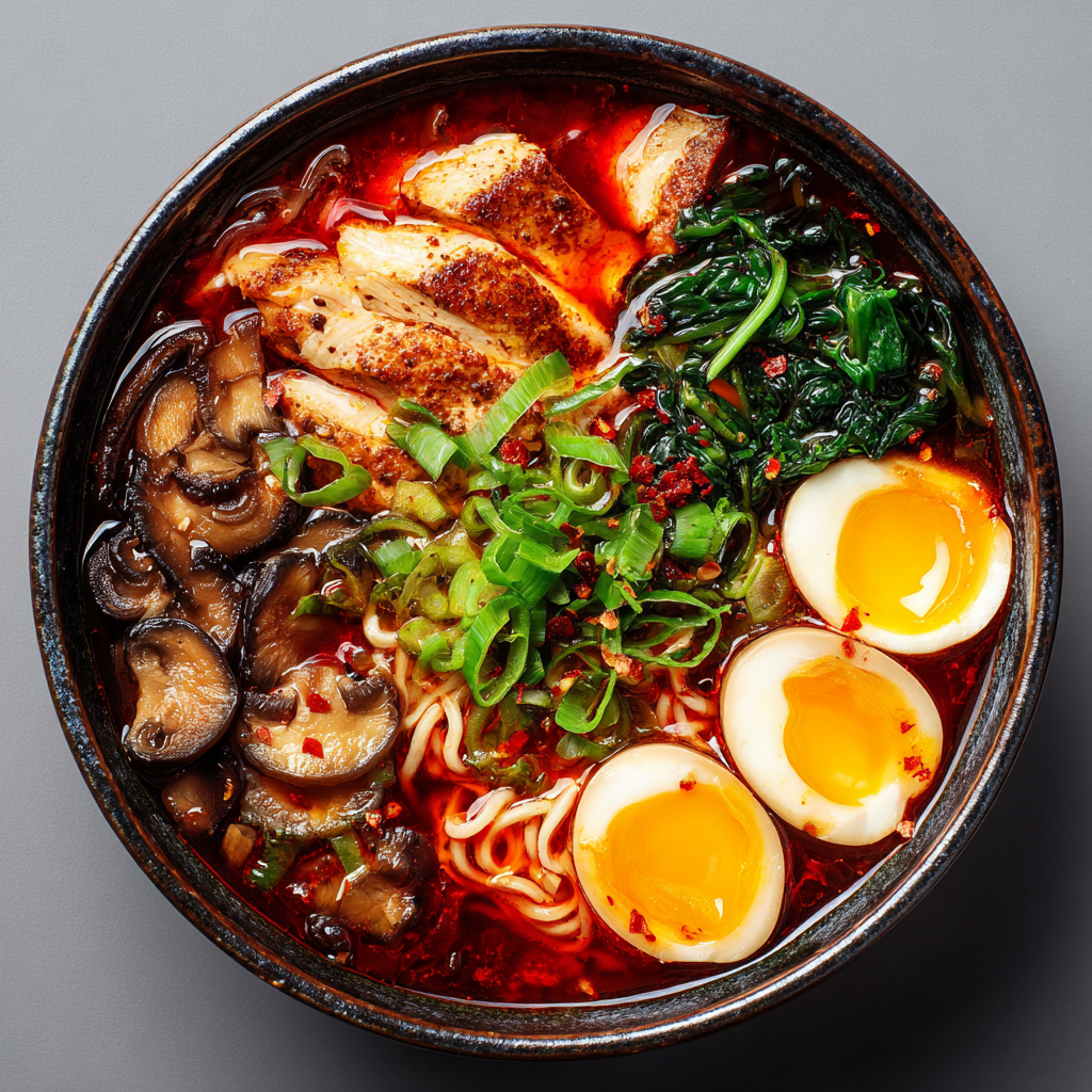 Ultra-realistic spicy ramen soup with chili broth, ramen noodles, sliced chicken, soft-boiled eggs, mushrooms, spinach, and green onions in a ceramic bowl on a neutral background