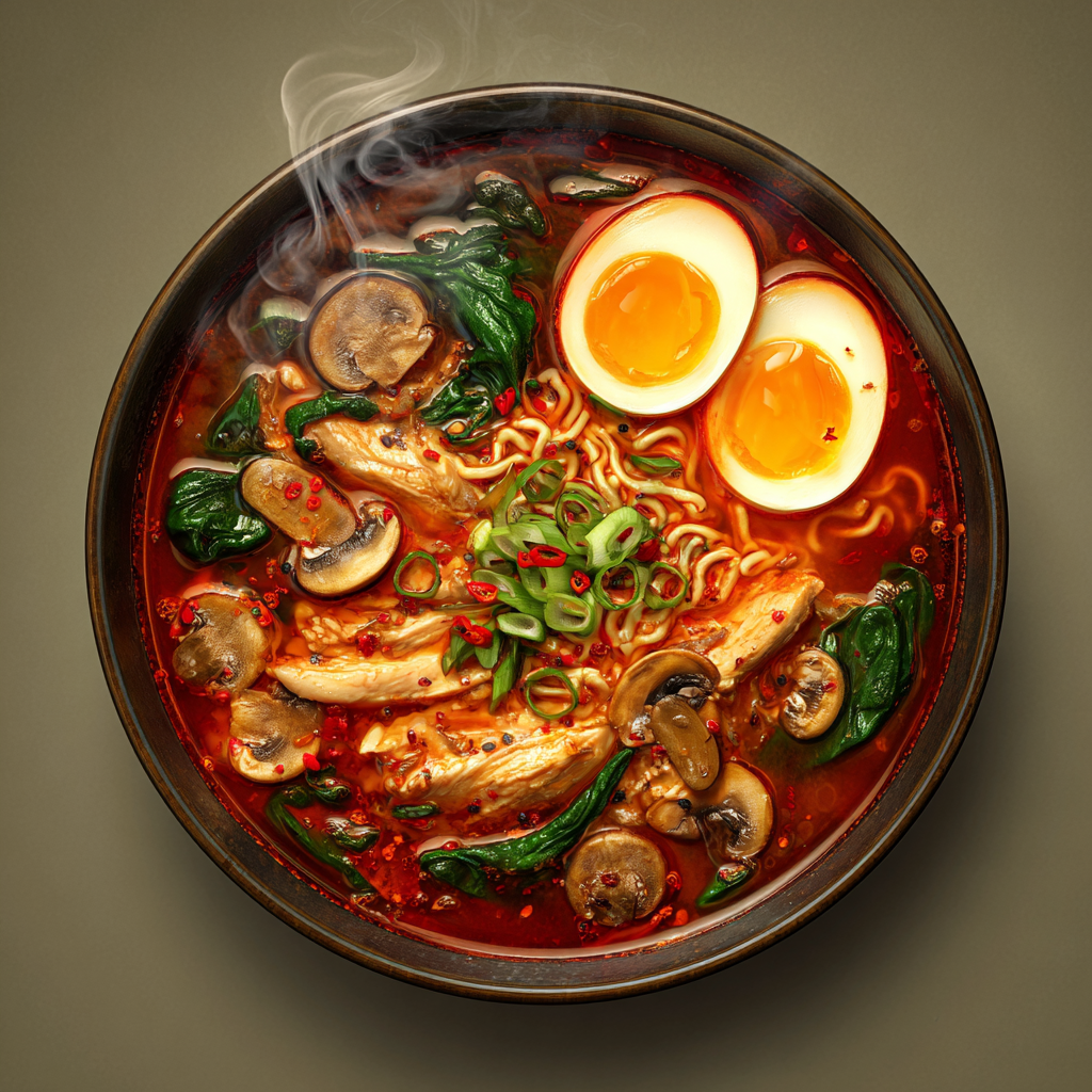 Ultra-realistic spicy ramen soup with chili broth, ramen noodles, sliced chicken, soft-boiled eggs, mushrooms, spinach, and green onions in a ceramic bowl on a neutral background
