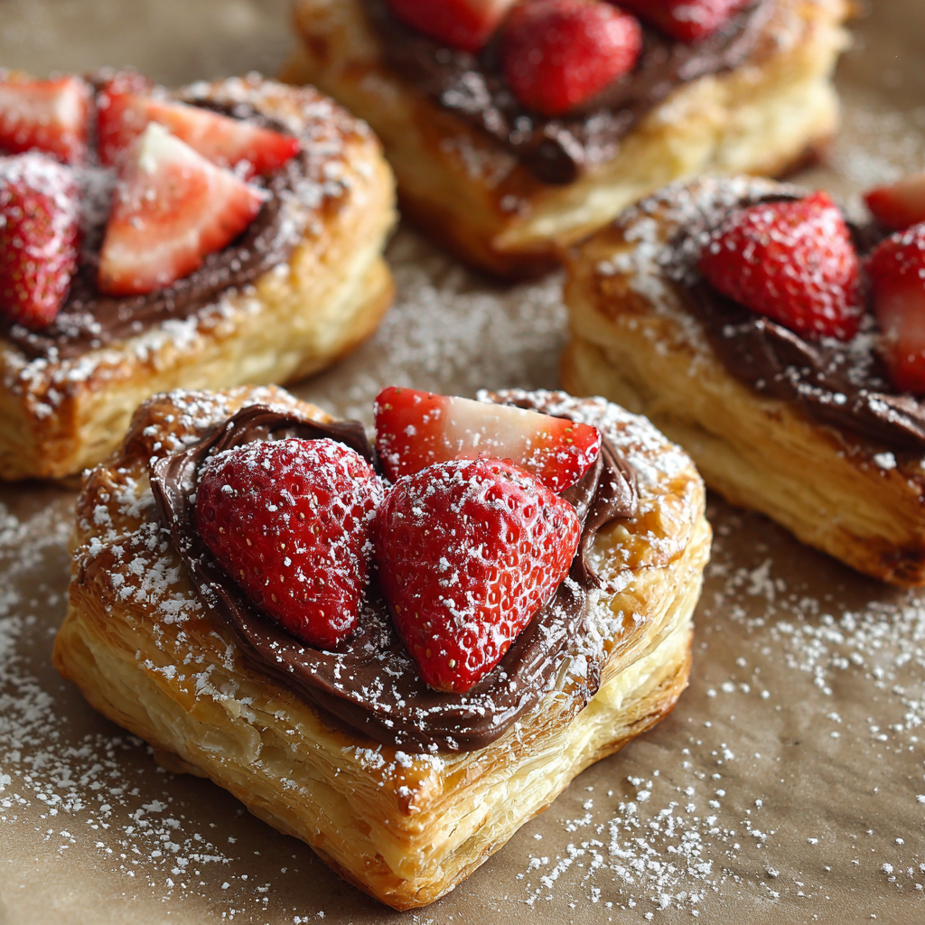 Heart-shaped puff pastry topped with chocolate hazelnut spread, sliced strawberries, and powdered sugar on a parchment surface under soft studio lighting