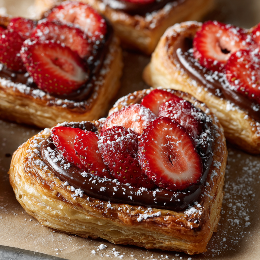 Heart-shaped puff pastry topped with chocolate hazelnut spread, sliced strawberries, and powdered sugar on a parchment surface under soft studio lighting