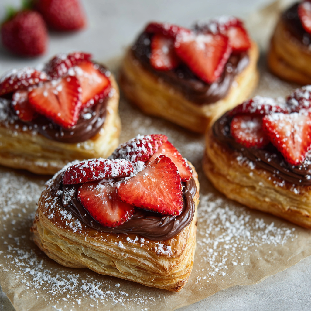 Heart-shaped puff pastry topped with chocolate hazelnut spread, sliced strawberries, and powdered sugar on a parchment surface under soft studio lighting