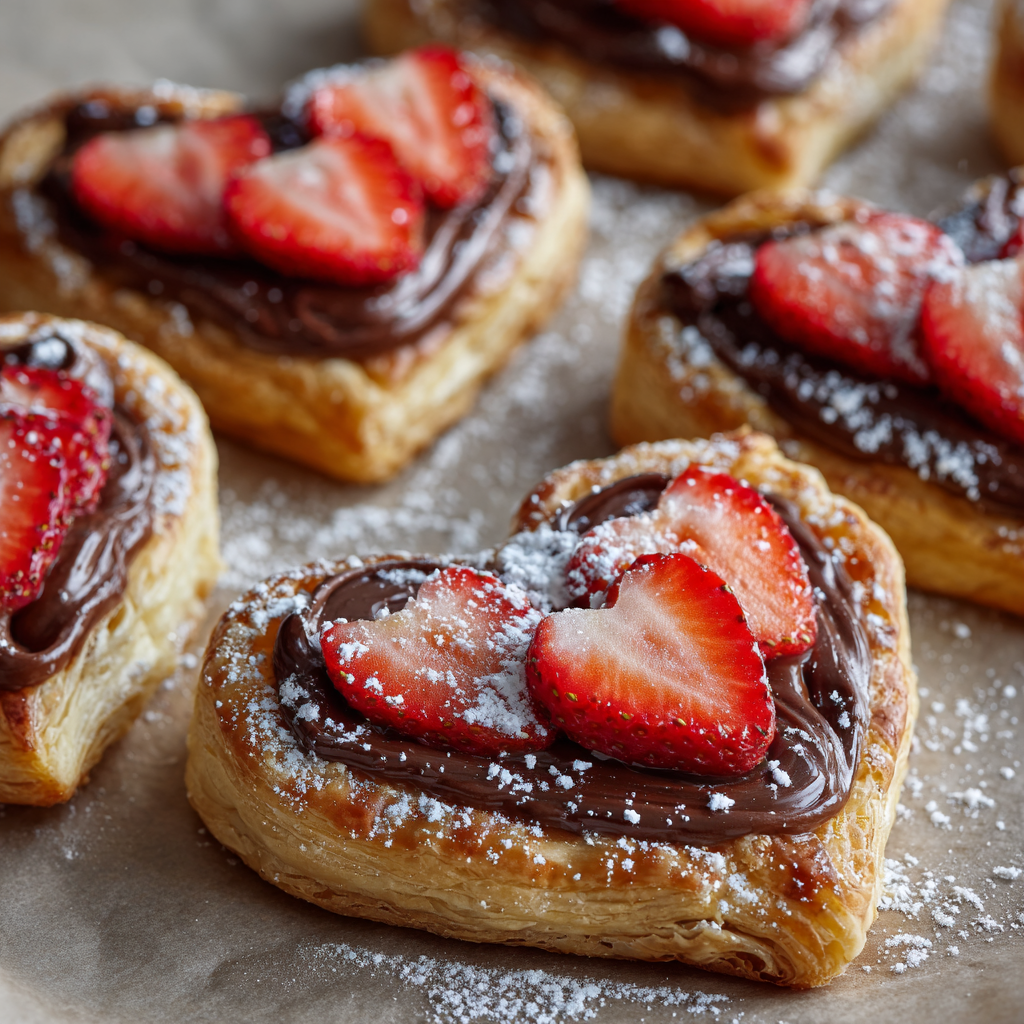 Heart-shaped puff pastry topped with chocolate hazelnut spread, sliced strawberries, and powdered sugar on a parchment surface under soft studio lighting