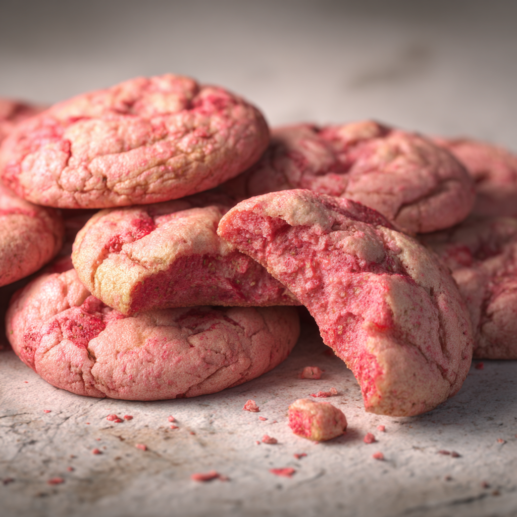 Ultra-realistic strawberry cookies with cracked pink surfaces and visible strawberry pieces, some cookies broken open to show chewy interior, on a light stone surface, studio lighting