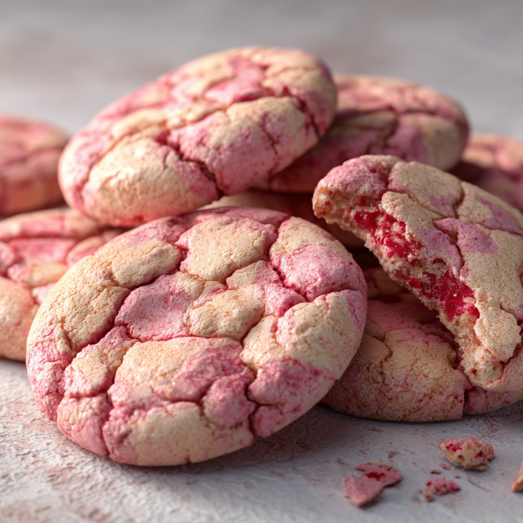Ultra-realistic strawberry cookies with cracked pink surfaces and visible strawberry pieces, some cookies broken open to show chewy interior, on a light stone surface, studio lighting