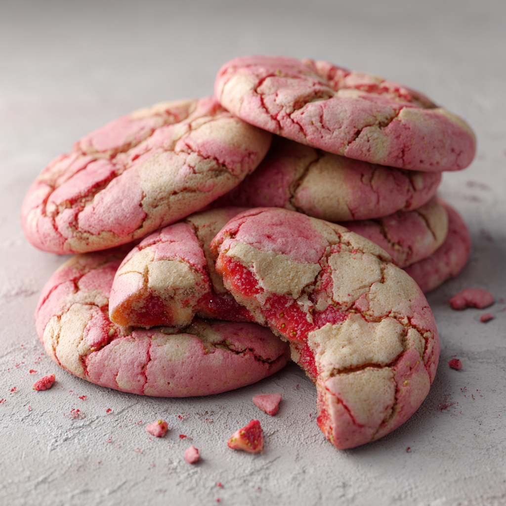 Ultra-realistic strawberry cookies with cracked pink surfaces and visible strawberry pieces, some cookies broken open to show chewy interior, on a light stone surface, studio lighting