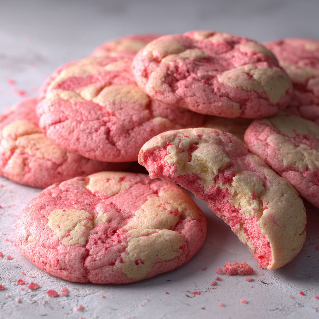 Ultra-realistic strawberry cookies with cracked pink surfaces and visible strawberry pieces, some cookies broken open to show chewy interior, on a light stone surface, studio lighting