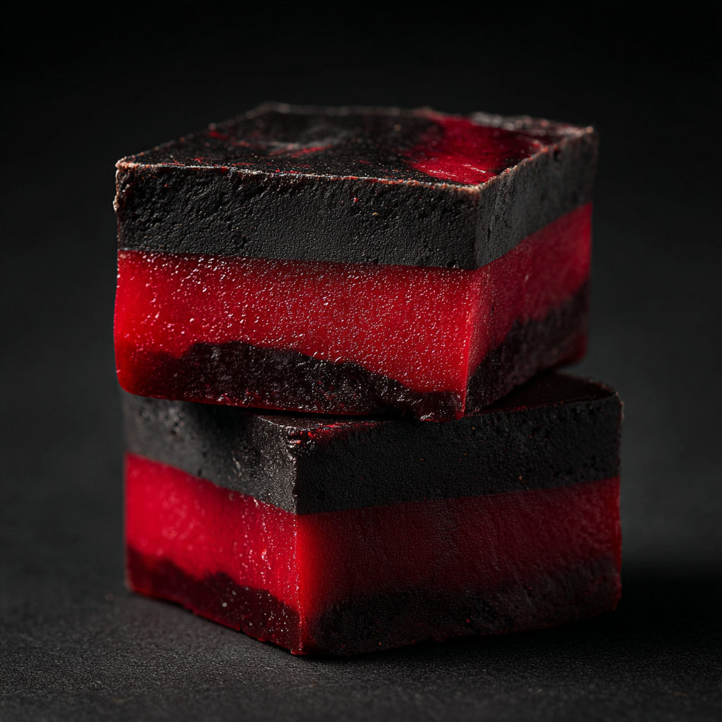 Ultra-realistic layered fudge squares with black fudge base and red fudge top, clean cut edges, smooth creamy texture, dark neutral background, studio lighting