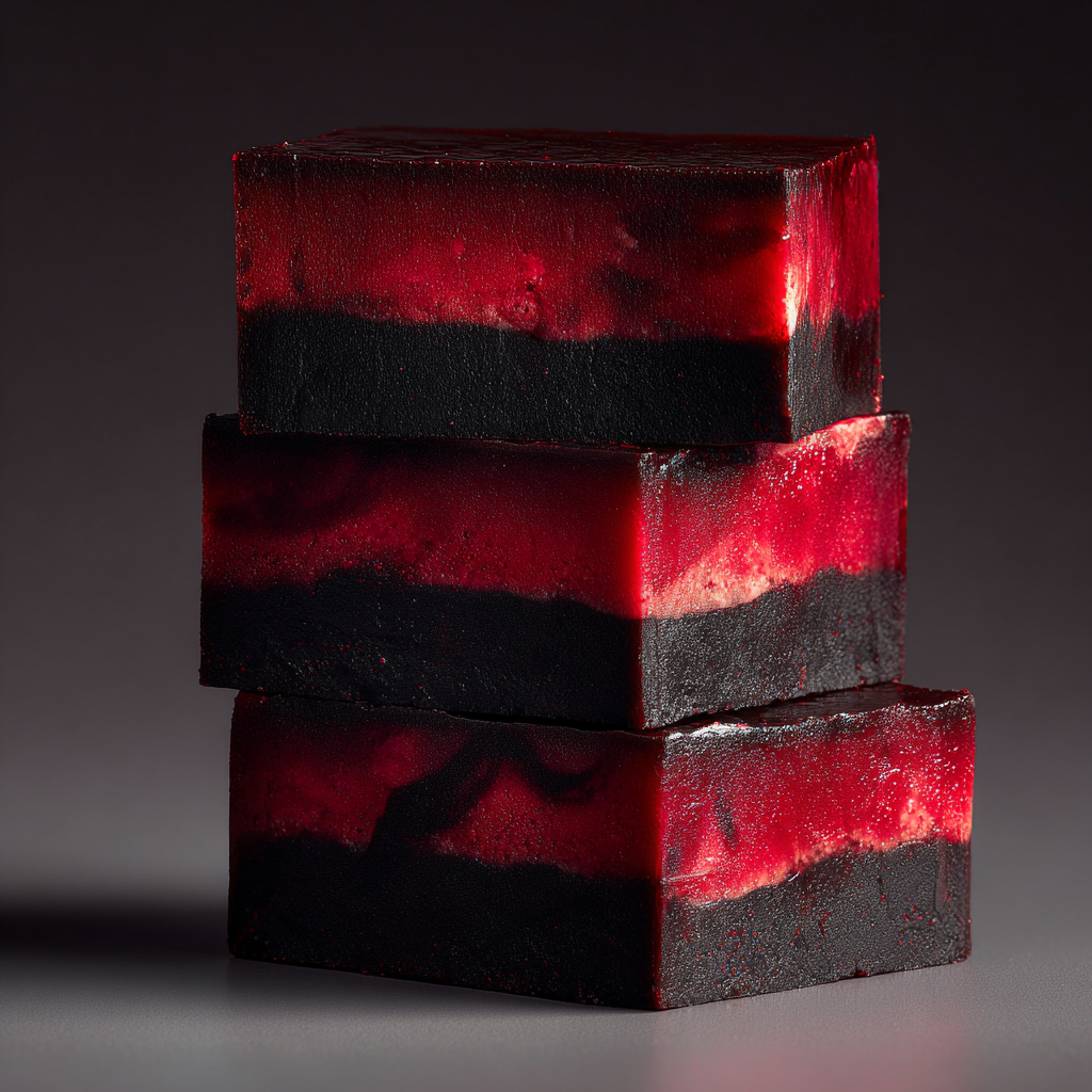 Ultra-realistic layered fudge squares with black fudge base and red fudge top, clean cut edges, smooth creamy texture, dark neutral background, studio lighting