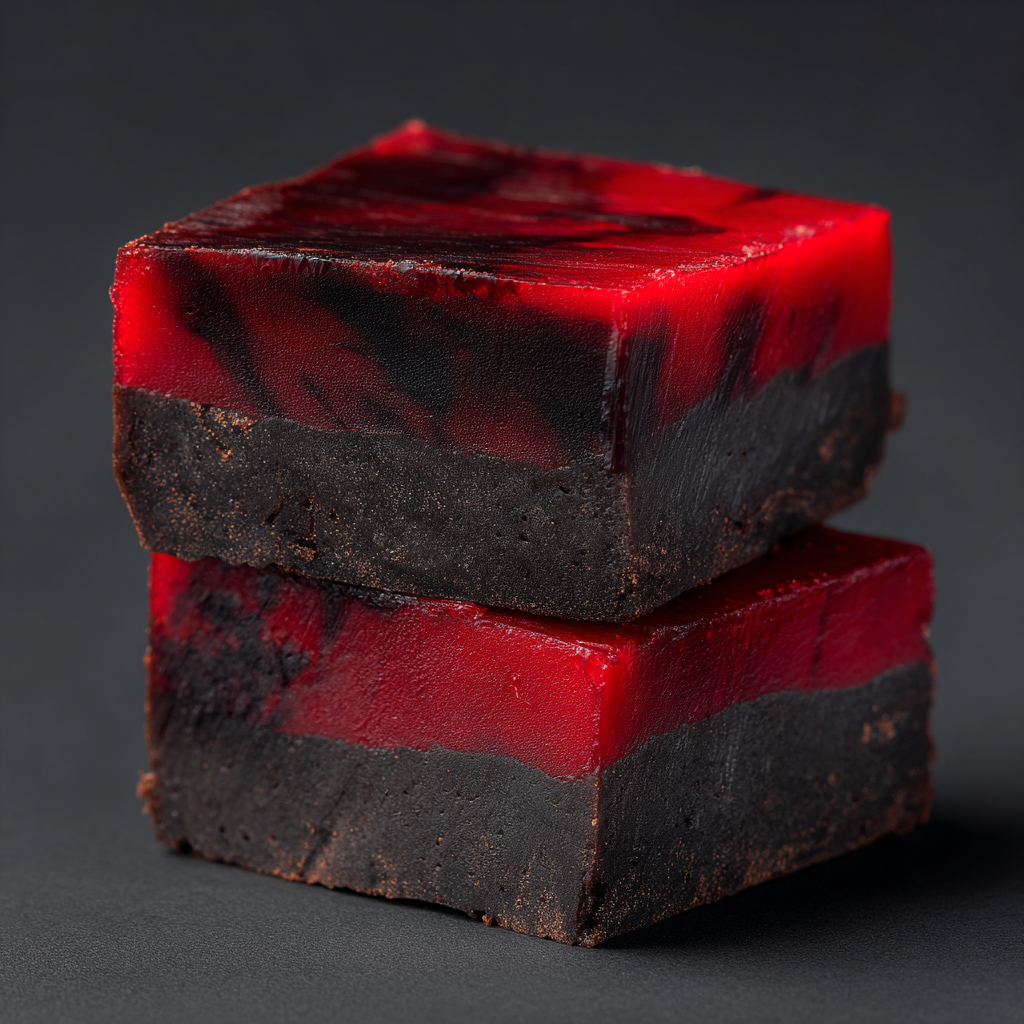 Ultra-realistic layered fudge squares with black fudge base and red fudge top, clean cut edges, smooth creamy texture, dark neutral background, studio lighting
