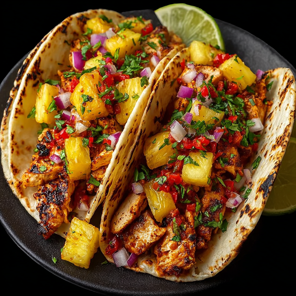 Ultra-realistic pineapple chicken tacos with grilled chicken, diced pineapple, chopped red onion, and cilantro in folded tortillas, visible grill marks, neutral dark background, studio lighting
