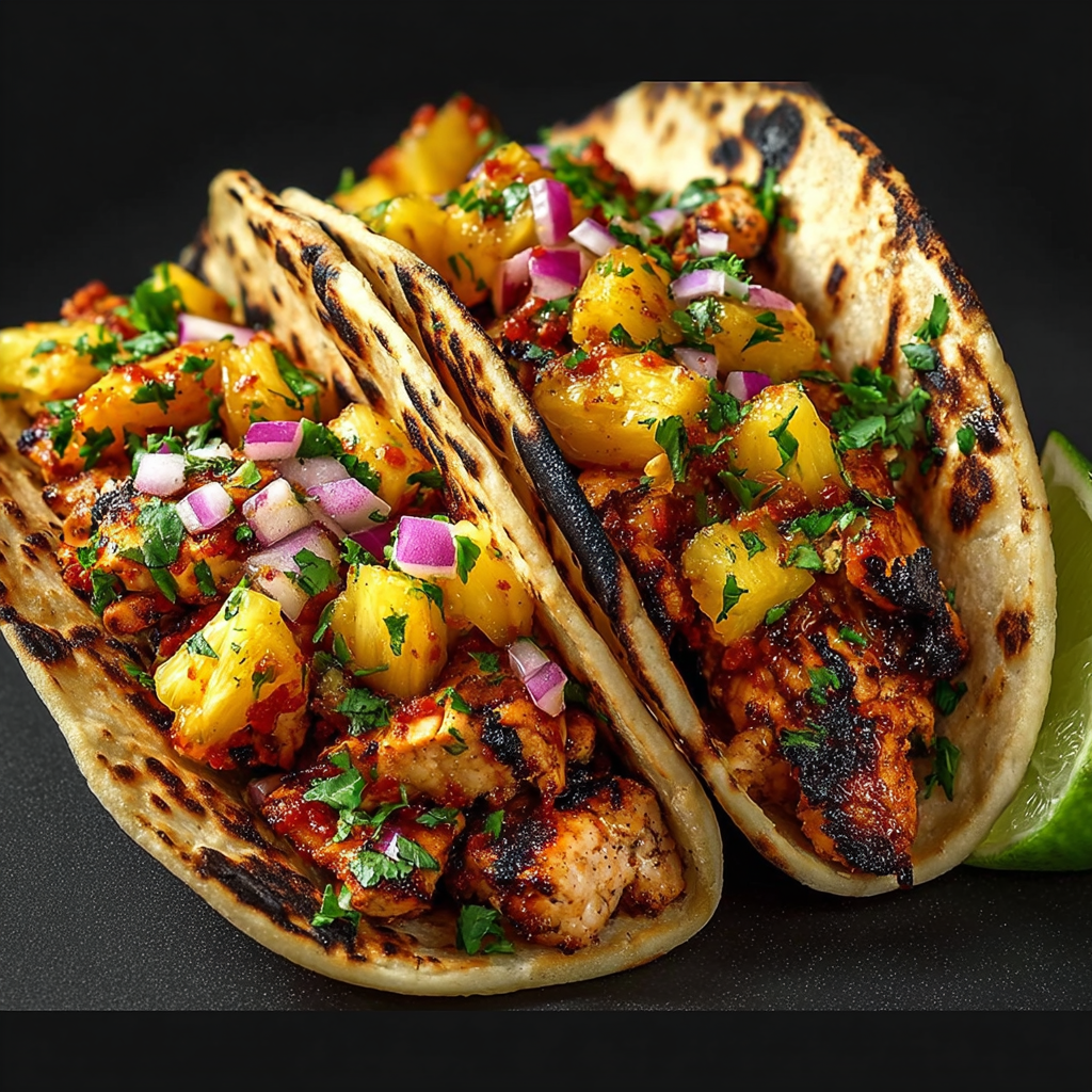 Ultra-realistic pineapple chicken tacos with grilled chicken, diced pineapple, chopped red onion, and cilantro in folded tortillas, visible grill marks, neutral dark background, studio lighting
