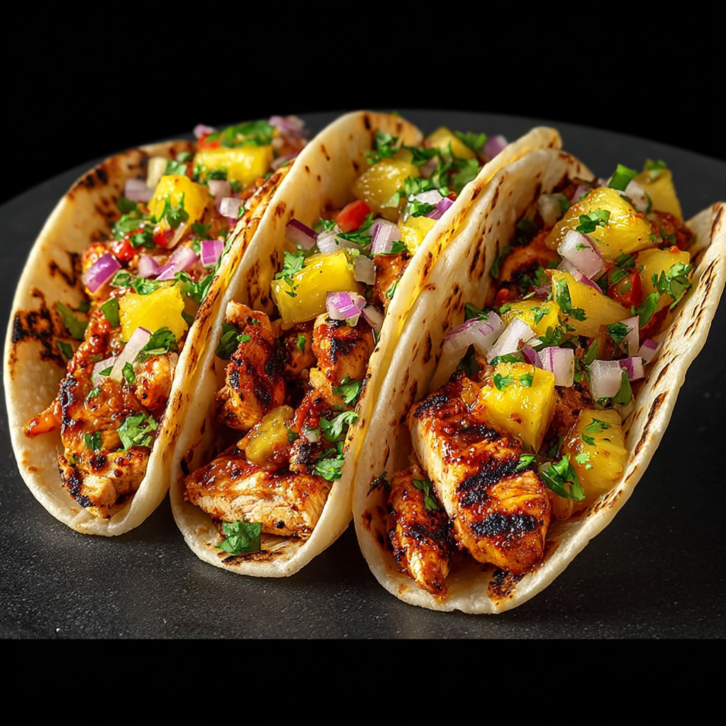 Ultra-realistic pineapple chicken tacos with grilled chicken, diced pineapple, chopped red onion, and cilantro in folded tortillas, visible grill marks, neutral dark background, studio lighting