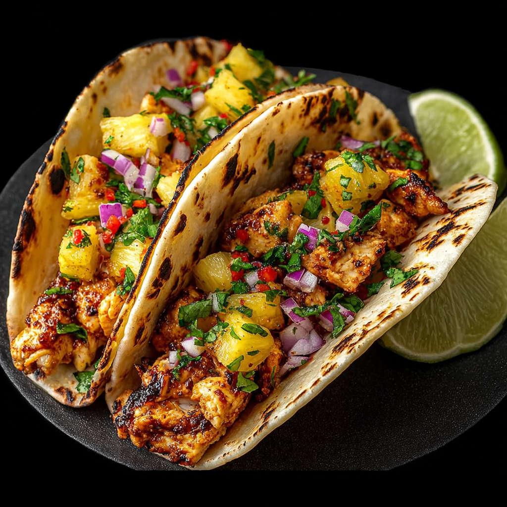 Ultra-realistic pineapple chicken tacos with grilled chicken, diced pineapple, chopped red onion, and cilantro in folded tortillas, visible grill marks, neutral dark background, studio lighting