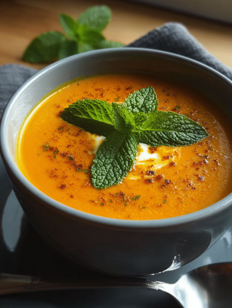 Amazing Carrot Ginger Mint Soup: 1 Hour, 1 Delight! Comforting, vibrant, and gently spiced, carrot ginger mint soup is one of those rare recipes that feels both luxurious and healing at the same time. With its naturally sweet carrots, warming ginger, and refreshing mint, this soup strikes a beautiful balance between bold flavor and soothing simplicity. Best of all, it comes together in about one hour, making it perfect for relaxed weekends or stress-free meal prep. What truly sets carrot ginger mint soup apart is its layered flavor profile. The carrots provide a silky sweetness, ginger adds warmth and digestive comfort, and mint lifts the entire dish with a clean, refreshing finish. This soup is ideal whether you’re craving a cozy dinner, a light lunch, or a nourishing reset meal. Carrots are not just delicious—they’re exceptionally nutritious. According to USDA FoodData Central – Carrot nutrition , carrots are rich in beta-carotene (vitamin A), fiber, and antioxidants, all of which support eye health, immunity, and overall wellness. Nutrition experts at Harvard T.H. Chan – Vegetables & Fruits guide also emphasize brightly colored vegetables like carrots for their role in reducing inflammation and supporting long-term heart health—especially when prepared in soups that preserve nutrients and improve absorption. What Is Carrot Ginger Mint Soup? Carrot ginger mint soup is a smooth, blended vegetable soup built on slow-roasted or gently simmered carrots, fresh ginger, and aromatic mint. Unlike heavily spiced or cream-laden soups, this recipe focuses on: Natural sweetness Gentle heat Herbal freshness It is commonly served: As a silky purée With a light cream or coconut milk swirl Warm or slightly chilled (seasonal option) This soup fits beautifully into Mediterranean, vegetarian, vegan, and clean-eating diets. Why This Soup Takes 1 Hour — and Why That’s Perfect Unlike ultra-fast soups, this recipe benefits from time. One hour allows flavors to fully develop without rushing. What happens during that hour? Carrots soften and release natural sugars Ginger mellows while keeping warmth Aromatics deepen in flavor Texture becomes velvety and luxurious This makes carrot ginger mint soup feel restaurant-quality, even though it’s made with simple pantry ingredients. Ingredients for Amazing Carrot Ginger Mint Soup Core ingredients Fresh carrots (peeled and sliced) Onion or shallot Fresh ginger root Garlic Vegetable broth (low sodium) Olive oil or butter Salt and black pepper Fresh herbs Fresh mint (essential) Optional: parsley or cilantro (small amounts) Optional enrichments Coconut milk or cream Lemon or orange juice Ground cumin or coriander Turmeric Chili flakes Choosing the Best Carrots Fresh carrots vs older carrots Fresh carrots = sweeter flavor, brighter color Older carrots = stronger earthiness (still usable) Organic vs conventional Organic carrots often have deeper flavor Conventional carrots work perfectly when peeled well For best results, avoid baby carrots—they tend to be drier and less flavorful. The Role of Ginger in This Soup Fresh ginger is the backbone of this recipe. Why ginger works so well Adds warmth without overpowering Enhances digestion Balances carrot sweetness Tip: Grate ginger finely for even distribution Avoid powdered ginger—it lacks freshness Why Mint Makes This Soup Special Mint is what transforms this from a standard carrot soup into something memorable. Mint’s role Brightens the soup Cuts through sweetness Adds a cooling contrast to ginger Important: Always add mint at the end of cooking to preserve its aroma. Step-by-Step: How to Make Carrot Ginger Mint Soup Step 1: Build the flavor base Heat olive oil in a large pot Add onion and cook until soft Add garlic and ginger Stir gently to release aromas Step 2: Add carrots Add sliced carrots Stir to coat in aromatics Cook 5–7 minutes Step 3: Simmer Add vegetable broth Bring to a gentle boil Reduce heat and simmer 30–35 minutes Step 4: Blend Blend until smooth using immersion blender Adjust thickness with broth Step 5: Finish with mint Stir in chopped mint Add salt, pepper, citrus if desired Texture Options Ultra-smooth Blend longer Strain through sieve Rustic smooth Shorter blending Slight texture remains Flavor Variations of Carrot Ginger Mint Soup 1. Coconut Carrot Ginger Mint Soup Add coconut milk Finish with lime 2. Spiced Moroccan-Style Add cumin, coriander Garnish with mint oil 3. Lemon Ginger Mint Soup Add lemon zest Bright and refreshing 4. Creamy Yogurt Finish Swirl Greek yogurt before serving 5. Roasted Carrot Version Roast carrots first Deeper sweetness Nutritional Benefits of Carrot Ginger Mint Soup Why this soup is so healthy High in beta-carotene Anti-inflammatory properties Supports digestion Naturally low calorie Carrots + ginger create a soup that is both comforting and functional. Is Carrot Ginger Mint Soup Good for Weight Loss? Yes. It is: Low in fat High in fiber Filling without heaviness Perfect for: Light dinners Clean eating plans Meal prep Storage, Freezing & Make-Ahead Tips Storage Refrigerate up to 5 days Store in airtight containers Freezing Freeze up to 3 months Thaw overnight in fridge Reheating Reheat gently Add fresh mint after reheating Common Mistakes & How to Fix Them Soup tastes flat Add lemon juice Add salt gradually Soup too sweet Add ginger or citrus Add pinch of cumin Soup too thick Add warm broth slowly FAQ – People Also Ask Is carrot ginger mint soup healthy? Yes. It’s rich in vitamins, antioxidants, and fiber. Can I use dried mint? Fresh mint is strongly recommended. Can I make it vegan? Yes—use olive oil and vegetable broth. Can I serve it cold? Yes, especially in warmer months. How long does it last? Up to 5 days refrigerated. Serving & Presentation Ideas Drizzle olive oil or coconut milk Garnish with fresh mint leaves Serve with sourdough or flatbread For more carrot-based soup inspiration, explore BBC Good Food – Carrot soup recipes . Final Thoughts Amazing Carrot Ginger Mint Soup is proof that simple vegetables can create extraordinary results when treated with care and balance. With its vibrant color, layered flavor, and nourishing profile, this soup deserves a place in your regular rotation. Amazing Carrot Ginger Mint Soup
